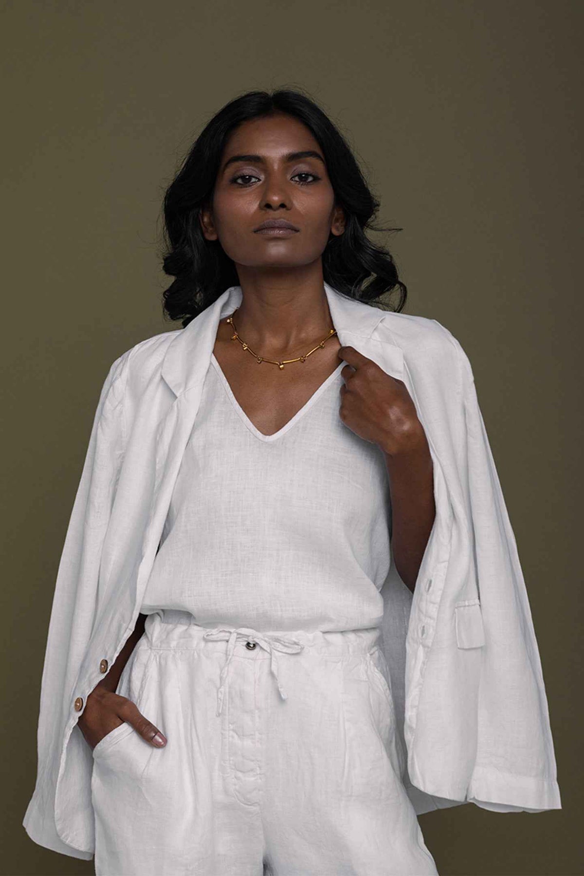Hemp Three Piece Set in White with blazer