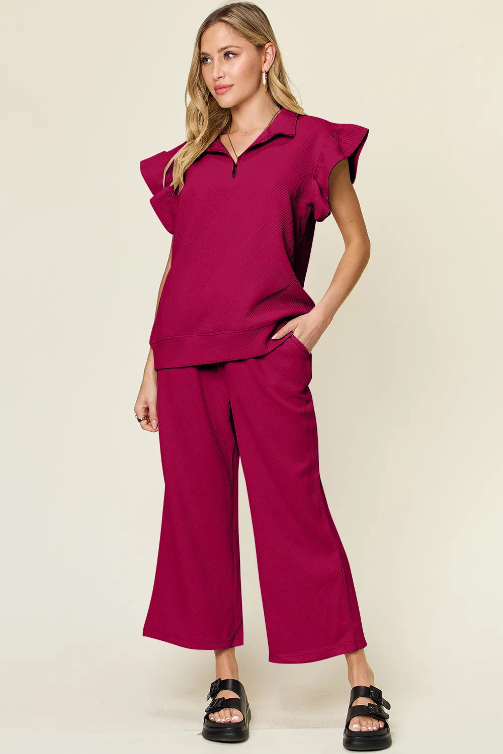 Texture Ruffle Top and Wide Leg Pants Set - Double Take
