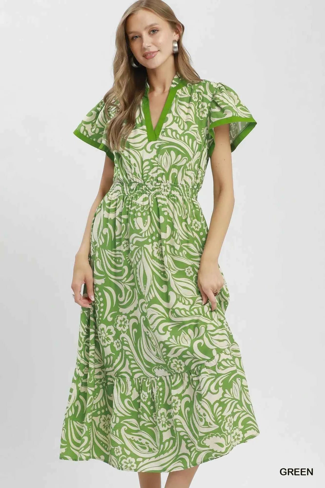 Umgee Paisley Print Midi Dress with Side Pockets