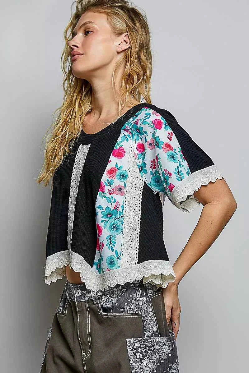 POL Round Neck Ribbed Cropped Top with Lace Detail