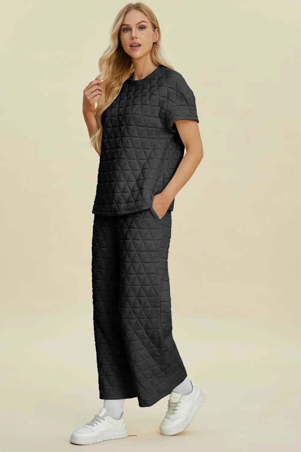 Texture Round Neck Short Sleeve Top and Pants Set - Double Take
