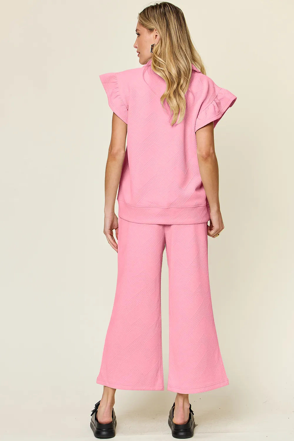 Texture Ruffle Top and Wide Leg Pants Set - Double Take