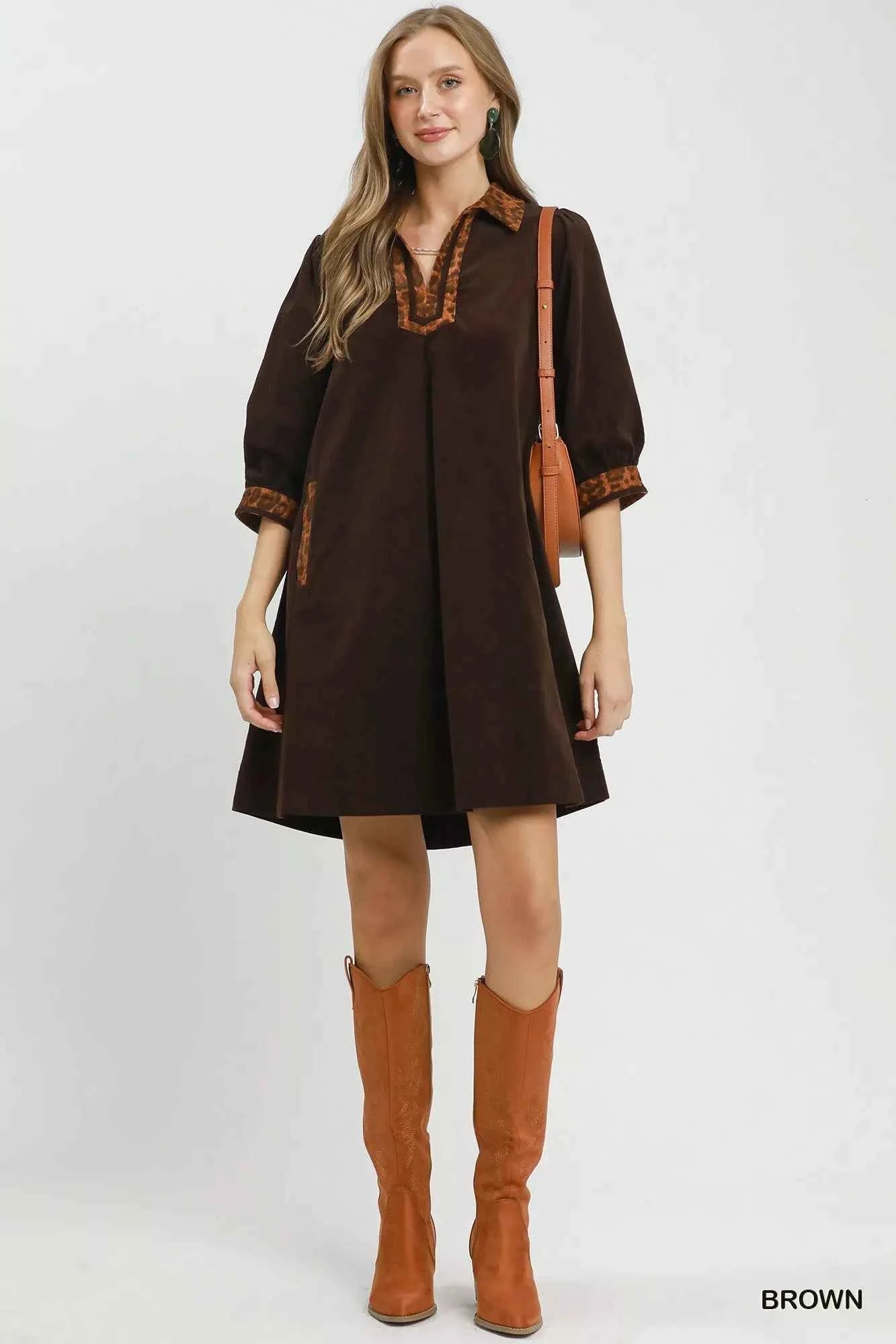 Umgee V-Neck Shift Dress with Contrast Trim