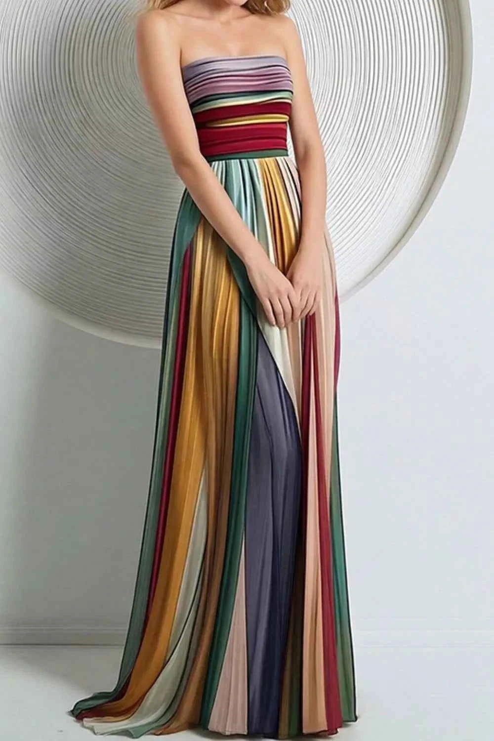 Striped Pleated Strapless Maxi Dress