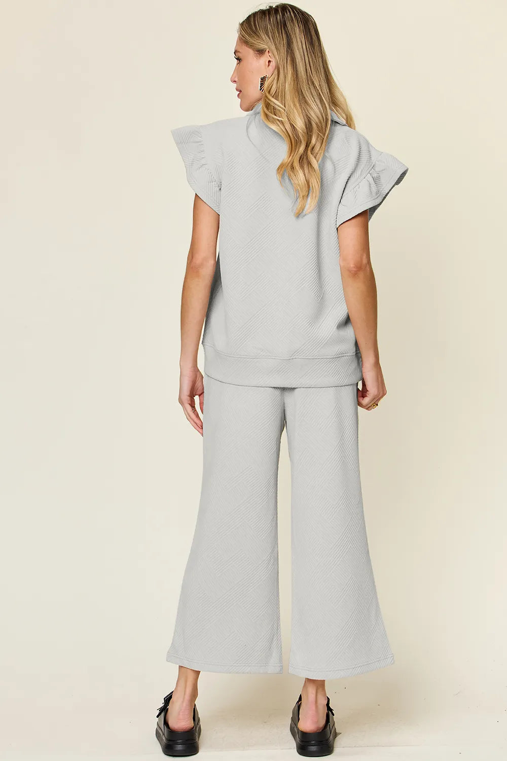 Texture Ruffle Top and Wide Leg Pants Set - Double Take