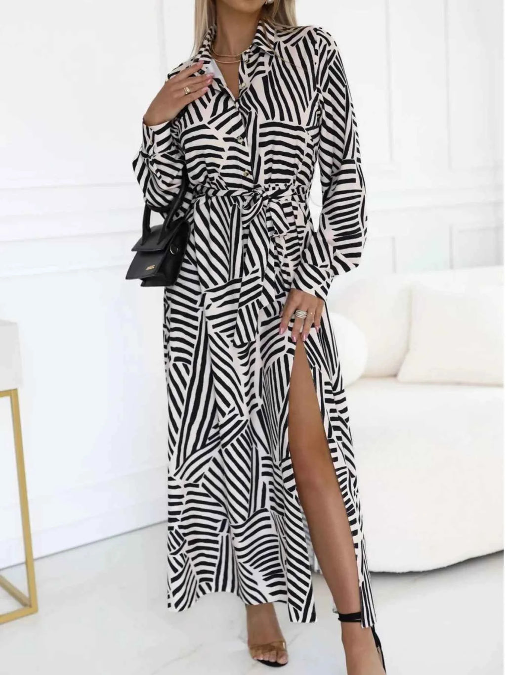 Geometric Print Belted Maxi Shirt Dress