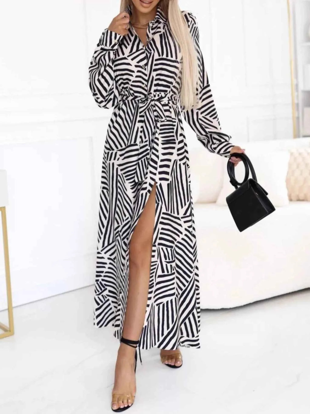 Geometric Print Belted Maxi Shirt Dress