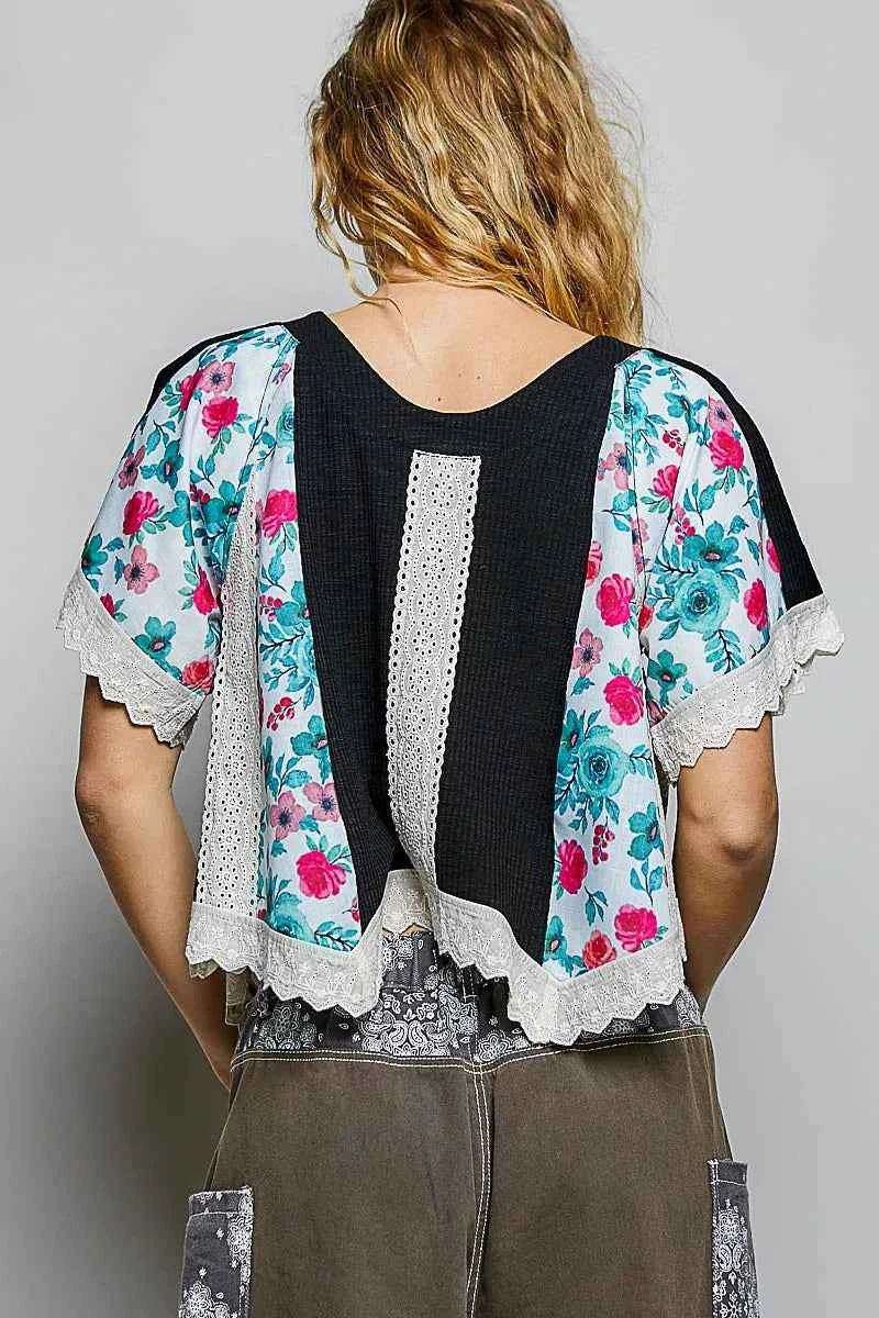 POL Round Neck Ribbed Cropped Top with Lace Detail