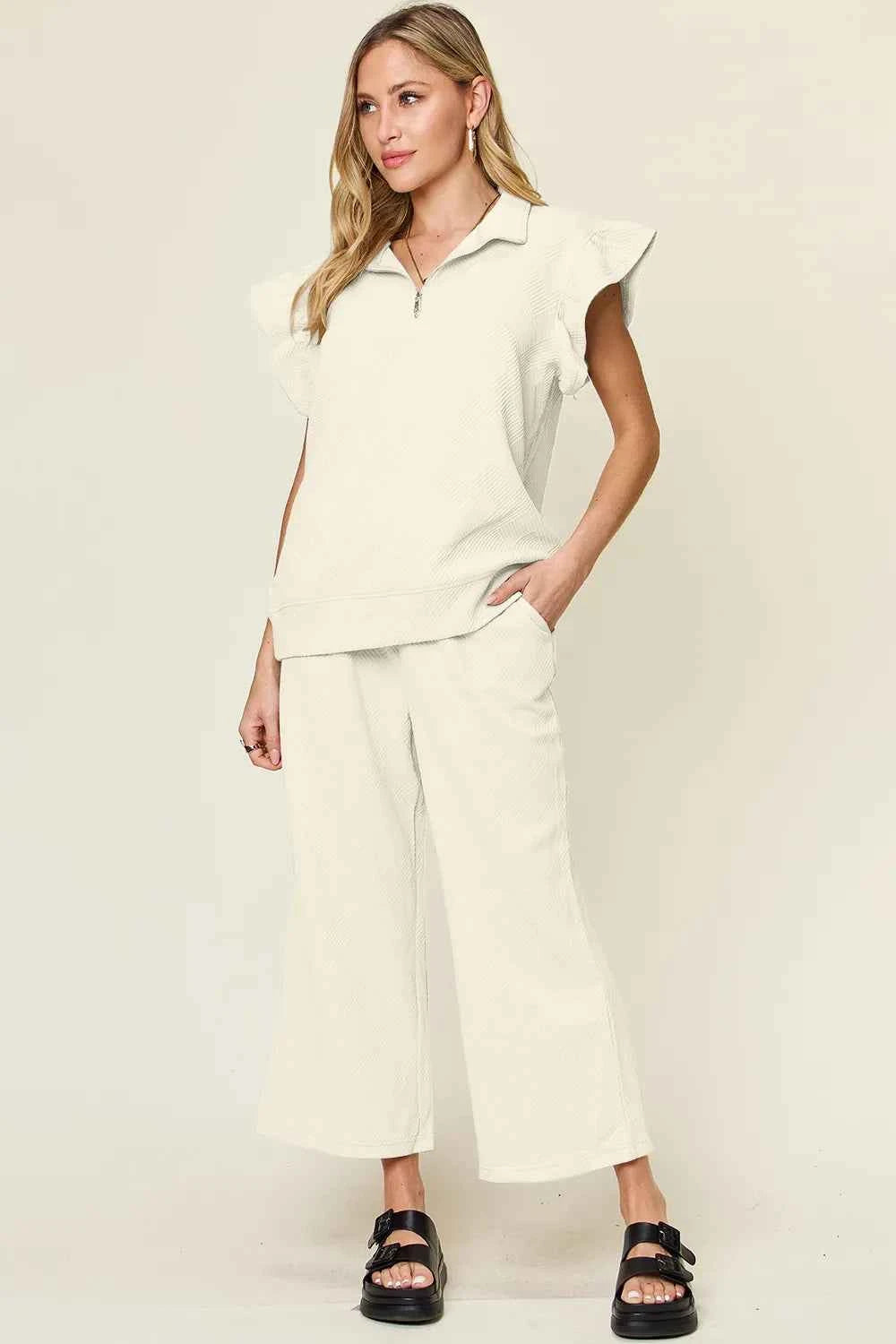 Texture Ruffle Top and Wide Leg Pants Set - Double Take