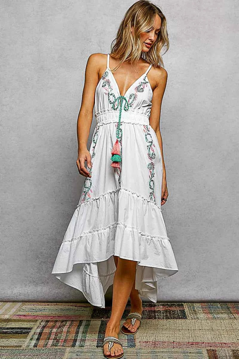POL Embroidered Detail Tassel Tie Smocked Waist Midi Tiered Cami Dress