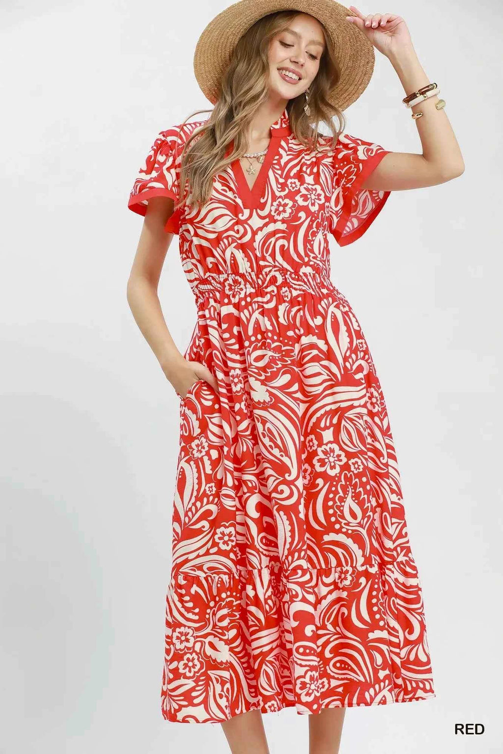 Umgee Paisley Print Midi Dress with Side Pockets