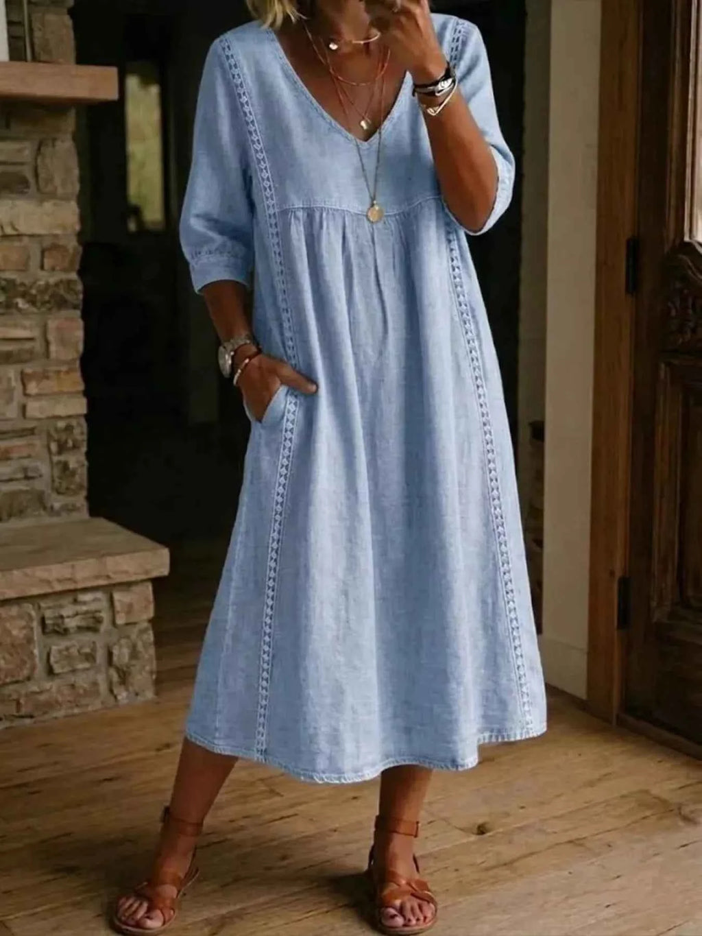 Full Size V-Neck 3/4 Sleeve Midi Dress Plus Size
