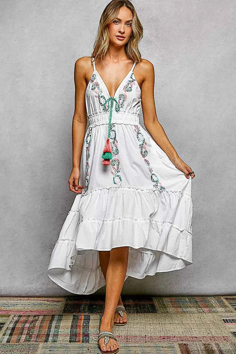 POL Embroidered Detail Tassel Tie Smocked Waist Midi Tiered Cami Dress