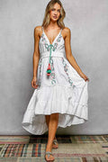 POL Embroidered Detail Tassel Tie Smocked Waist Midi Tiered Cami Dress
