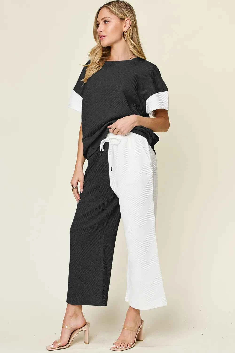 Texture Contrast T-Shirt and Wide Leg Pants Set - Double Take