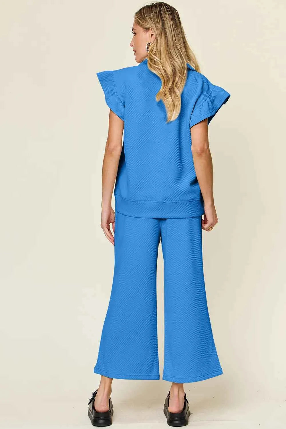 Texture Ruffle Top and Wide Leg Pants Set - Double Take