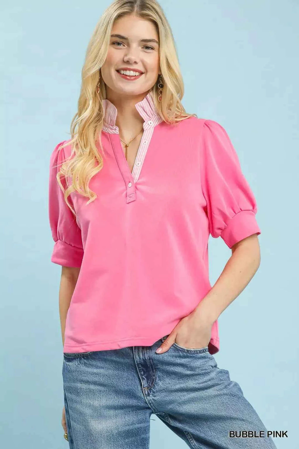 Umgee Striped Collar Popover Top