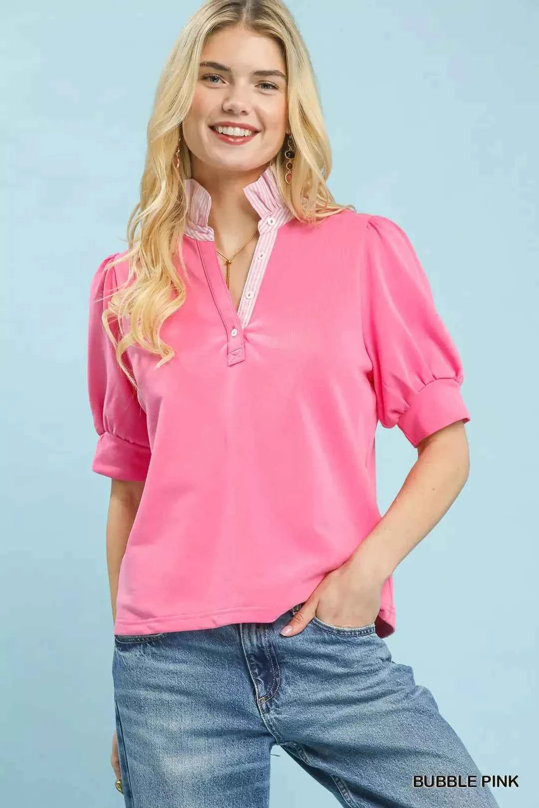 Umgee Striped Collar Popover Top
