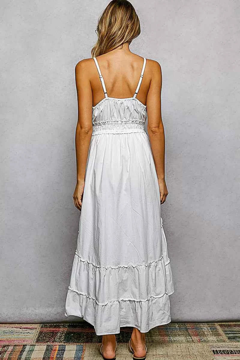POL Embroidered Detail Tassel Tie Smocked Waist Midi Tiered Cami Dress