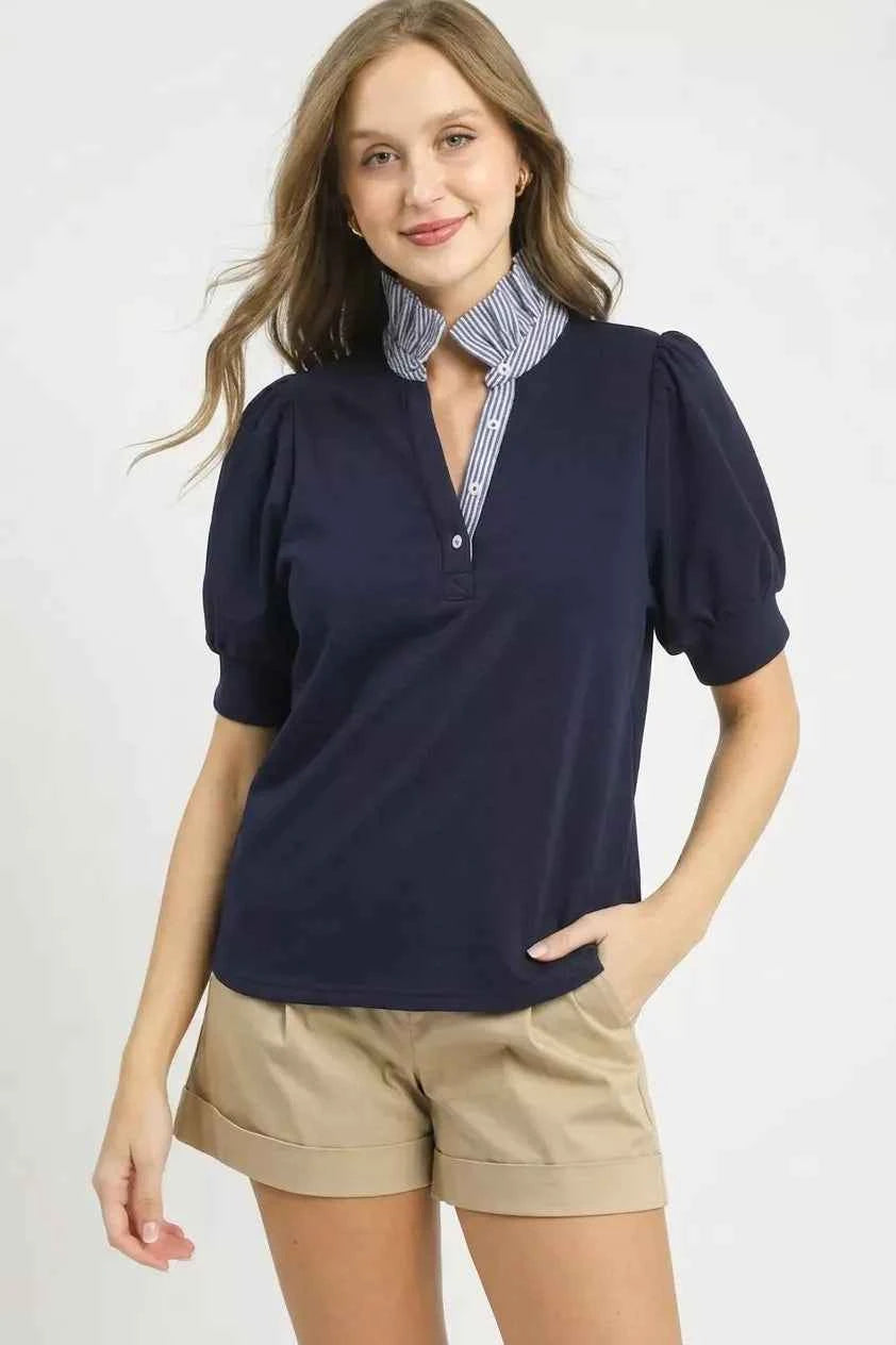 Umgee Striped Collar Popover Top