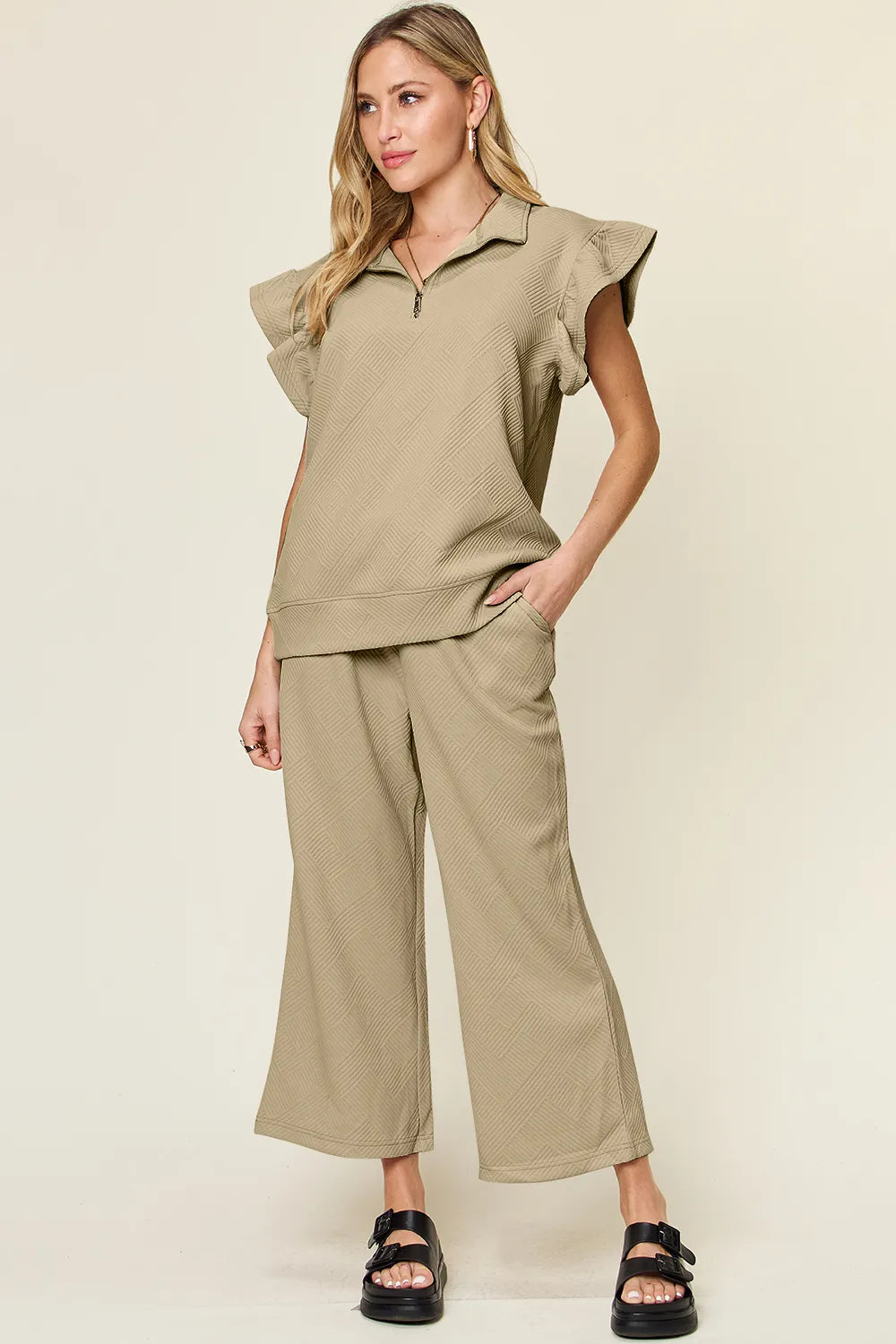 Texture Ruffle Top and Wide Leg Pants Set - Double Take