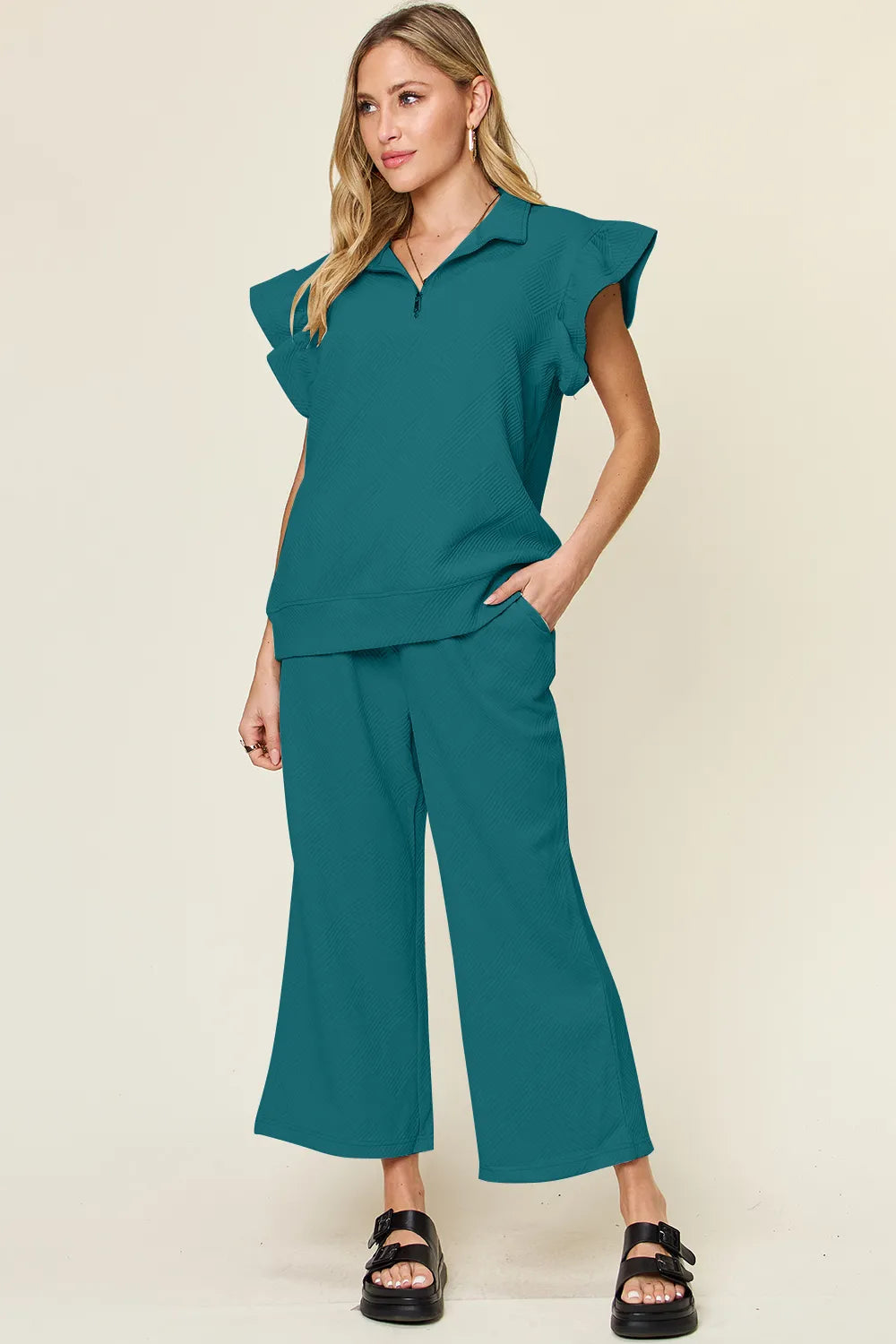 Texture Ruffle Top and Wide Leg Pants Set - Double Take
