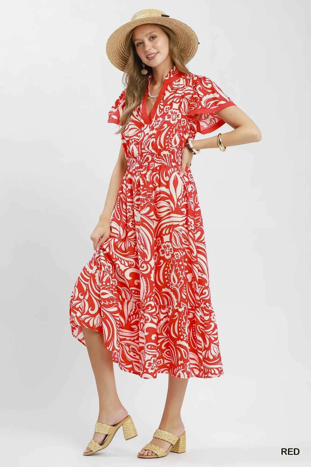 Umgee Paisley Print Midi Dress with Side Pockets