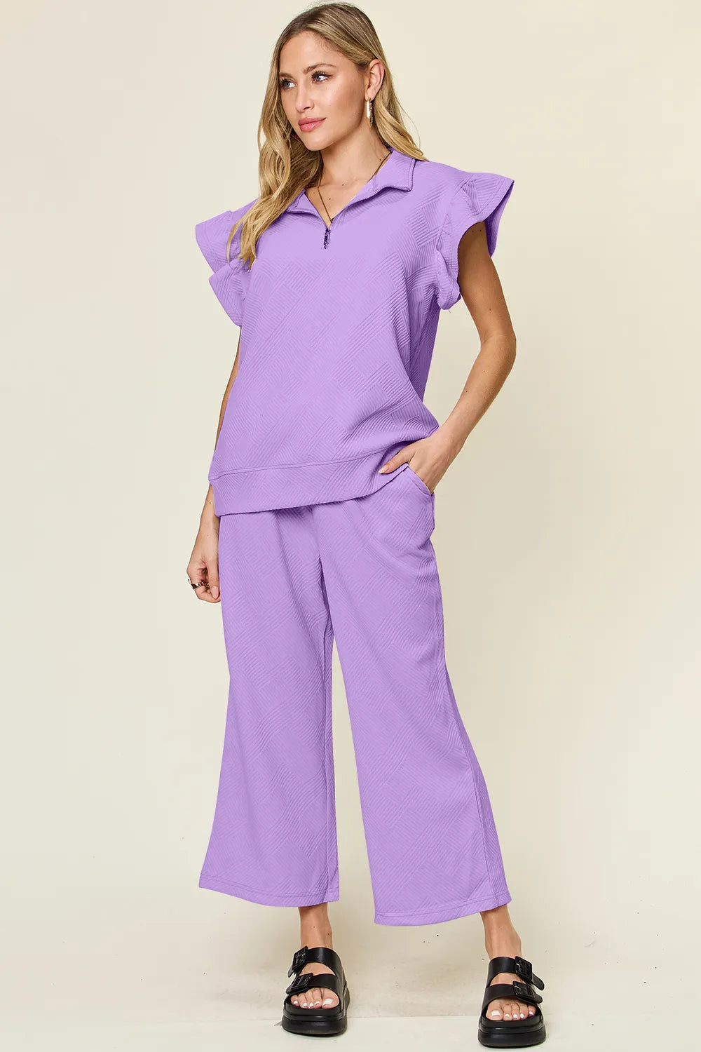 Texture Ruffle Top and Wide Leg Pants Set - Double Take