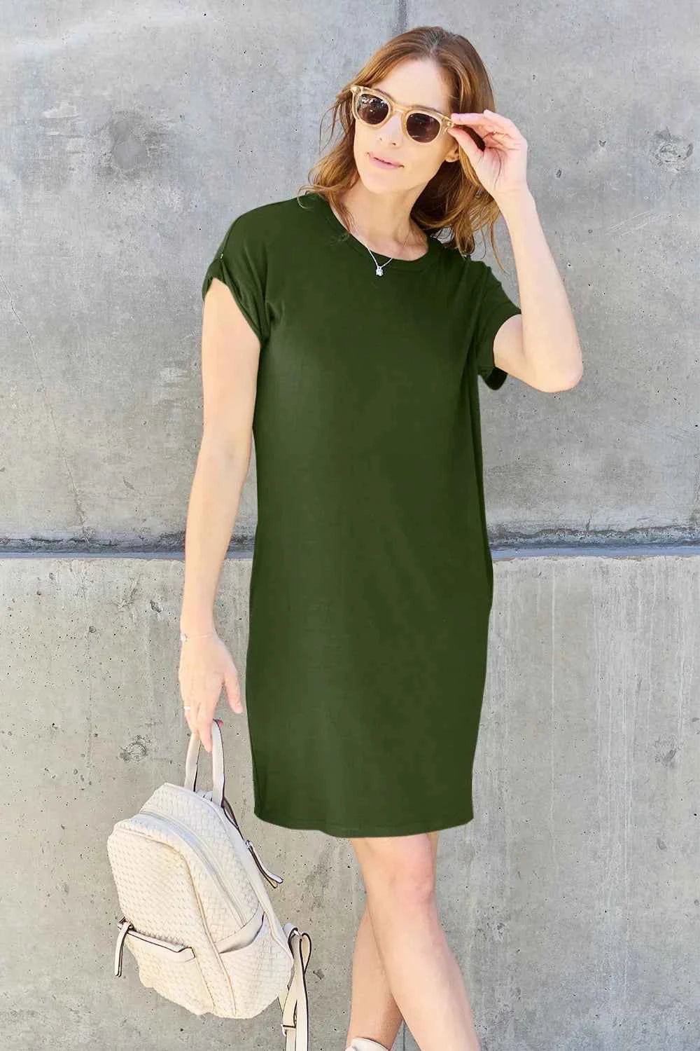 Basic Bae Full Size Solid Round Neck Short Sleeve Casual Loose Mini T-Shirt Dress with Side Pockets