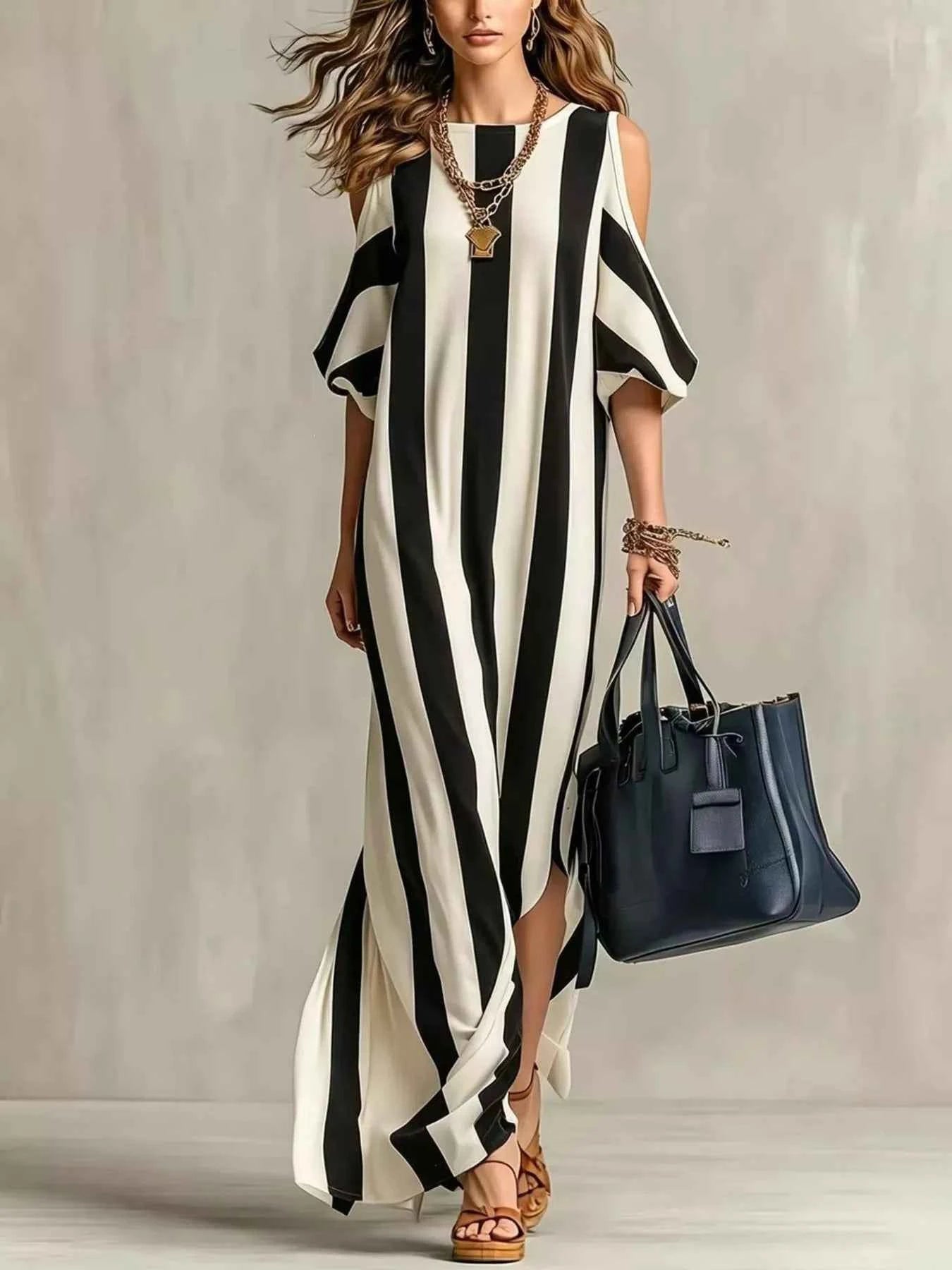 Striped Cold Shoulder Maxi Dress