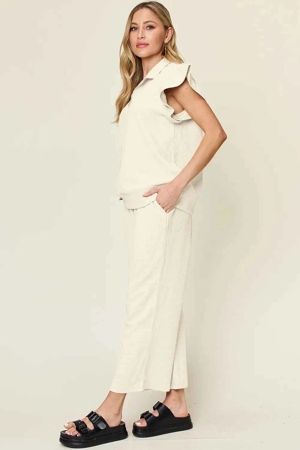 Texture Ruffle Top and Wide Leg Pants Set - Double Take
