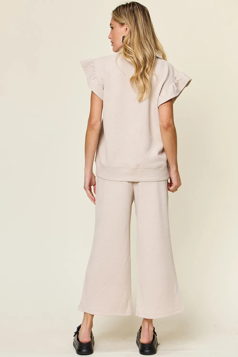Texture Ruffle Top and Wide Leg Pants Set - Double Take