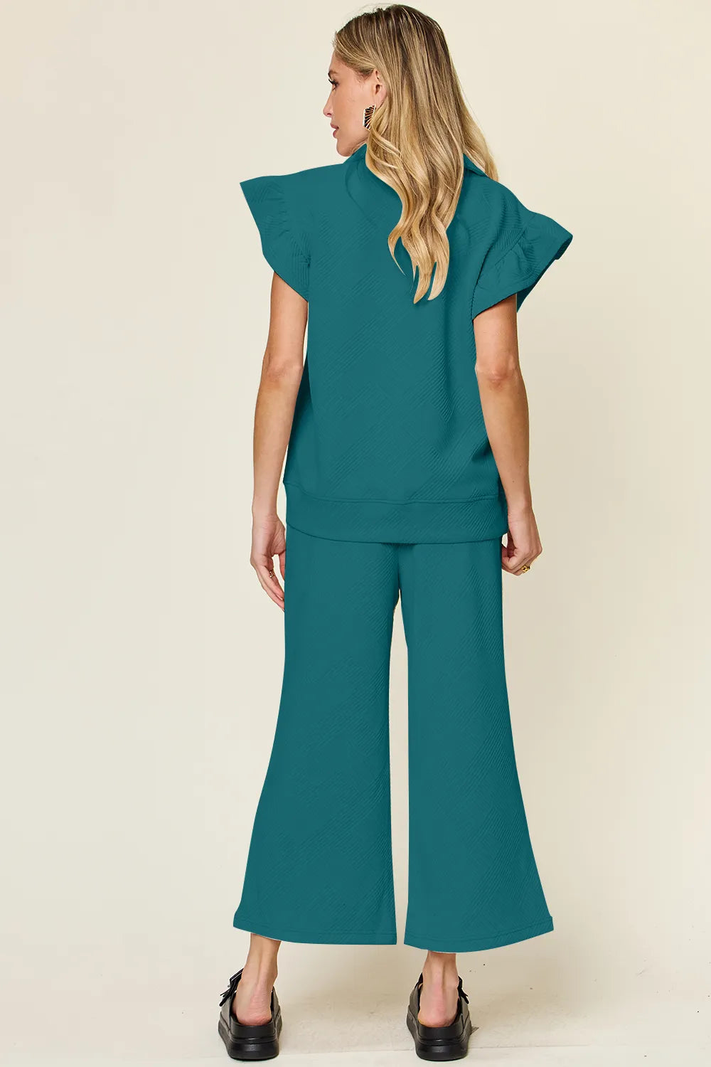Texture Ruffle Top and Wide Leg Pants Set - Double Take