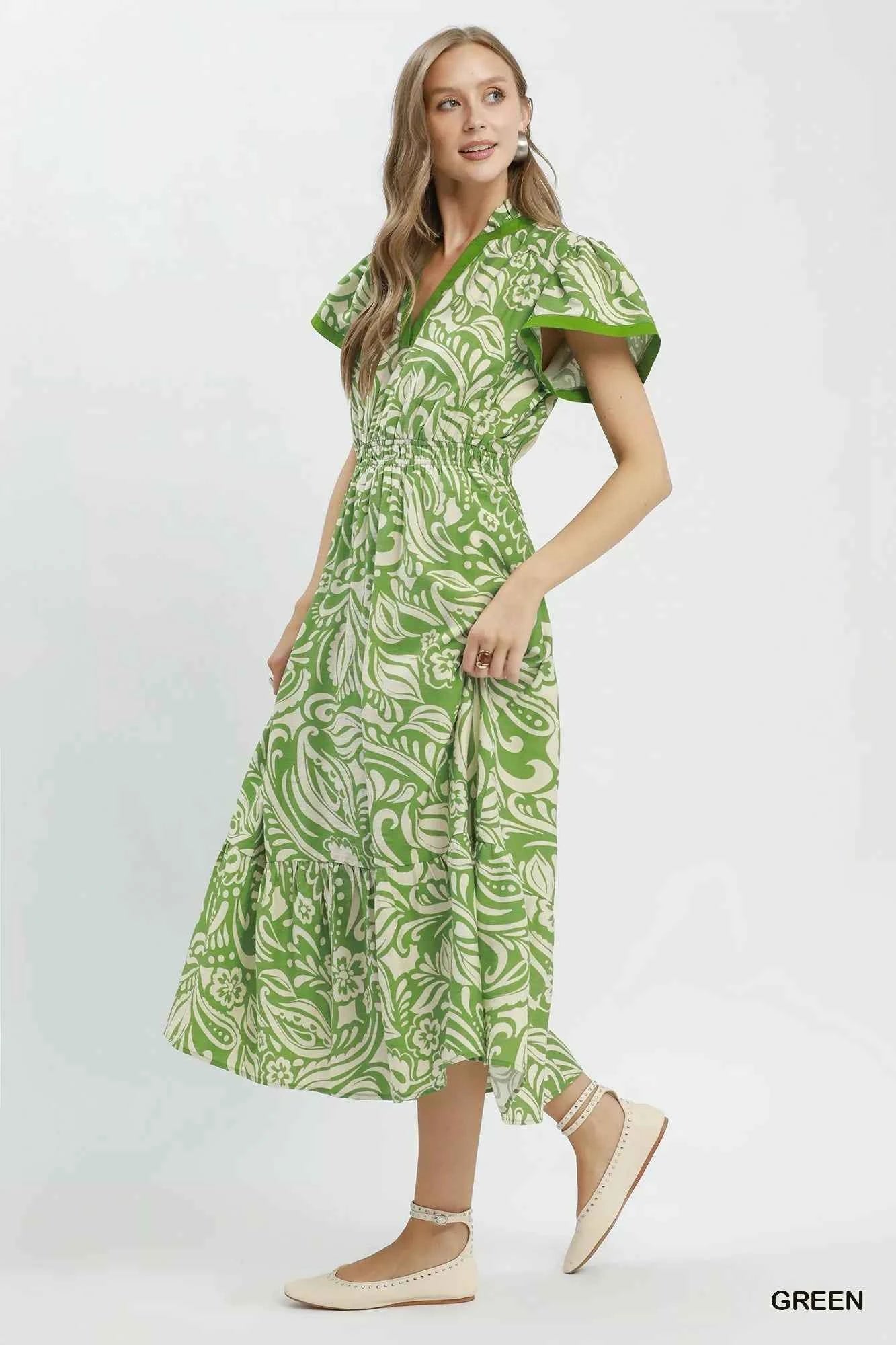 Umgee Paisley Print Midi Dress with Side Pockets