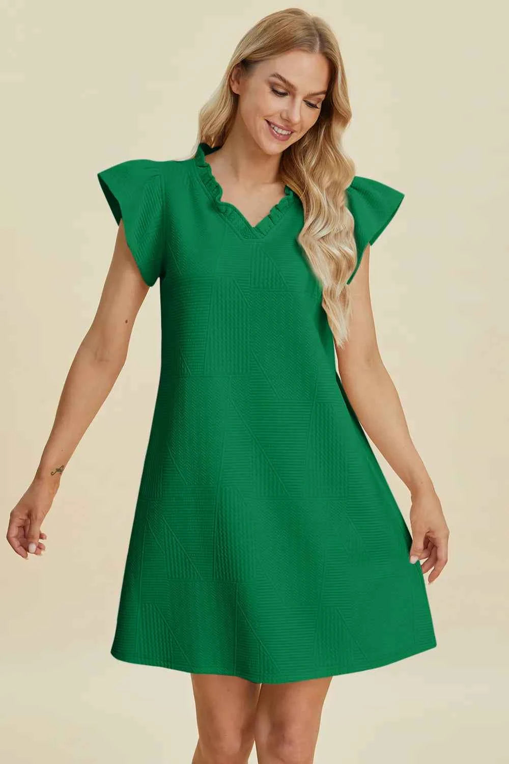 Ruffled V-Neck Cap Sleeve Dress - Double Take