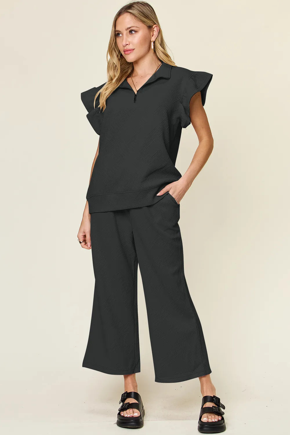 Texture Ruffle Top and Wide Leg Pants Set - Double Take