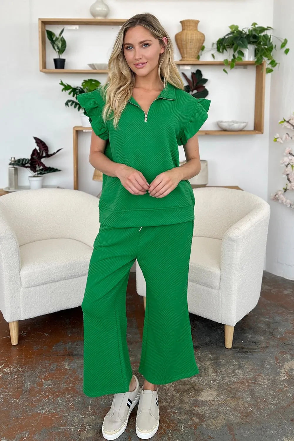 Texture Ruffle Top and Wide Leg Pants Set - Double Take