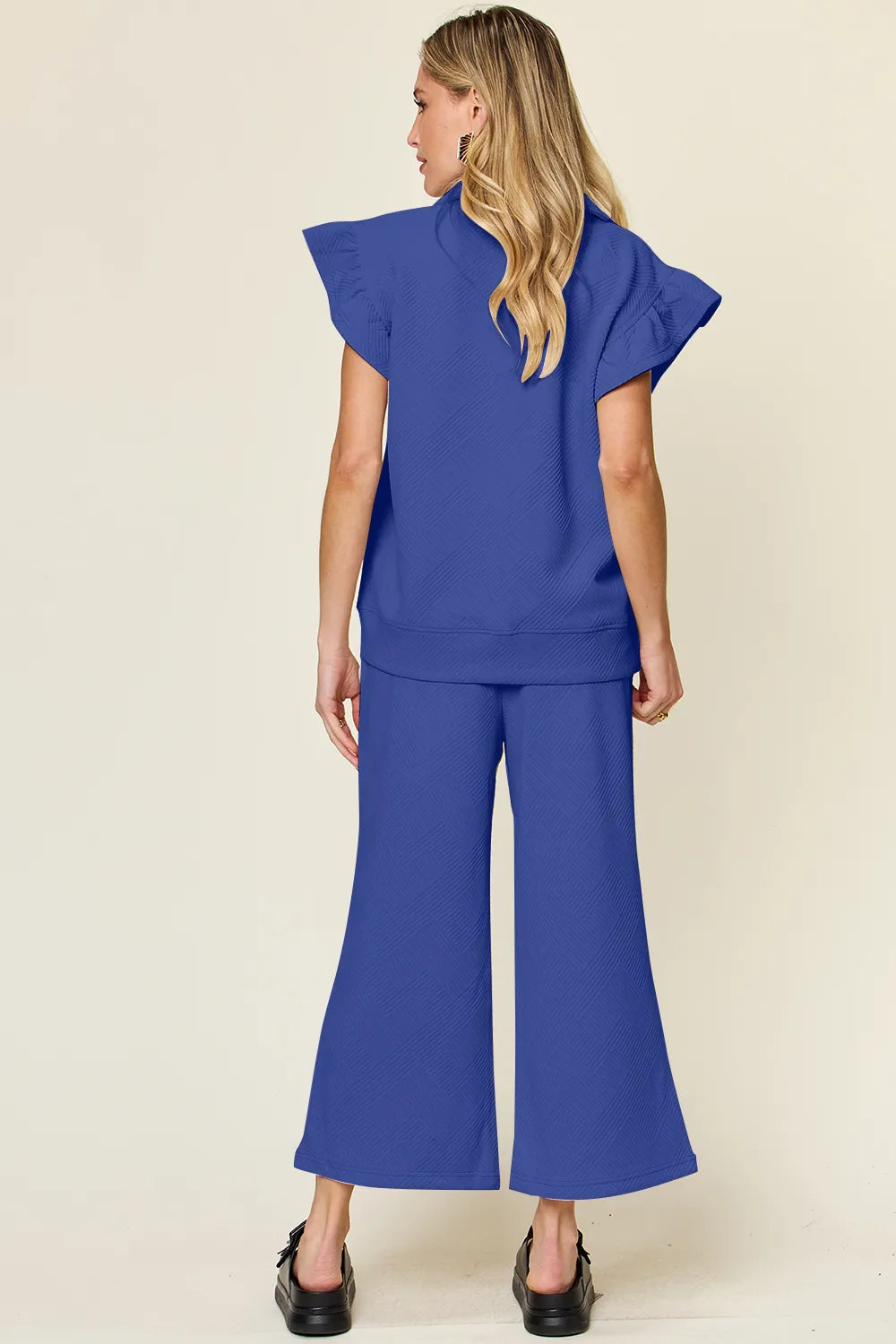 Texture Ruffle Top and Wide Leg Pants Set - Double Take
