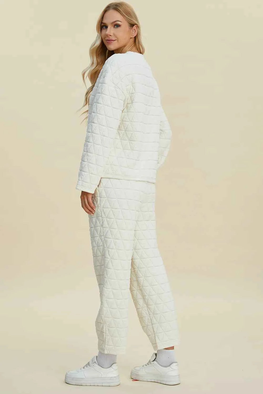 Double Take Full Size Texture Round Neck Long Sleeve Top and Pants Set