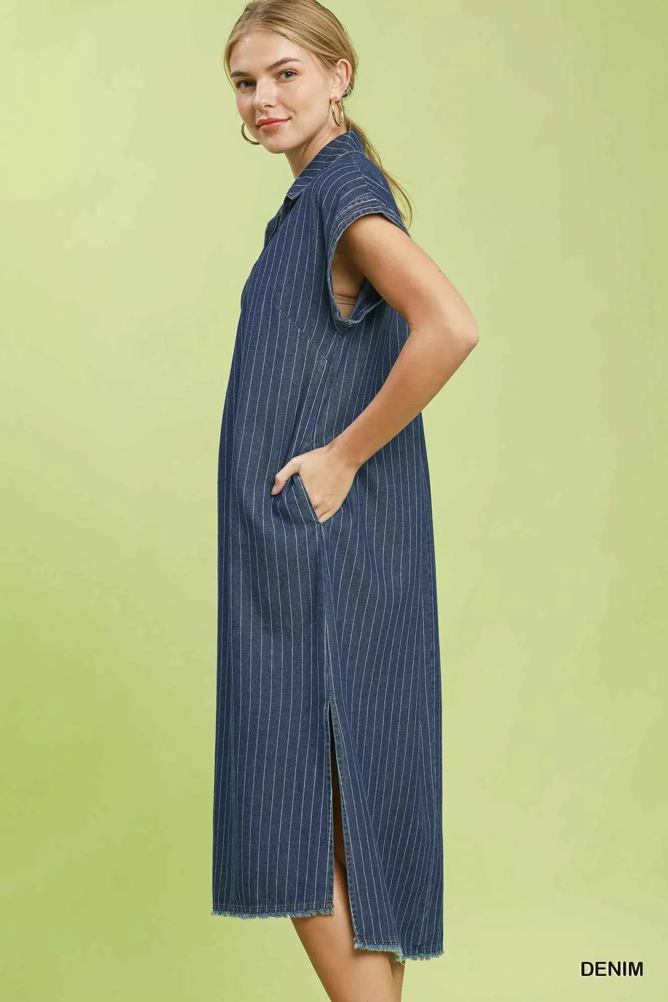 Umgee Pinstripe Denim Collared Midi Dress with Side Slits