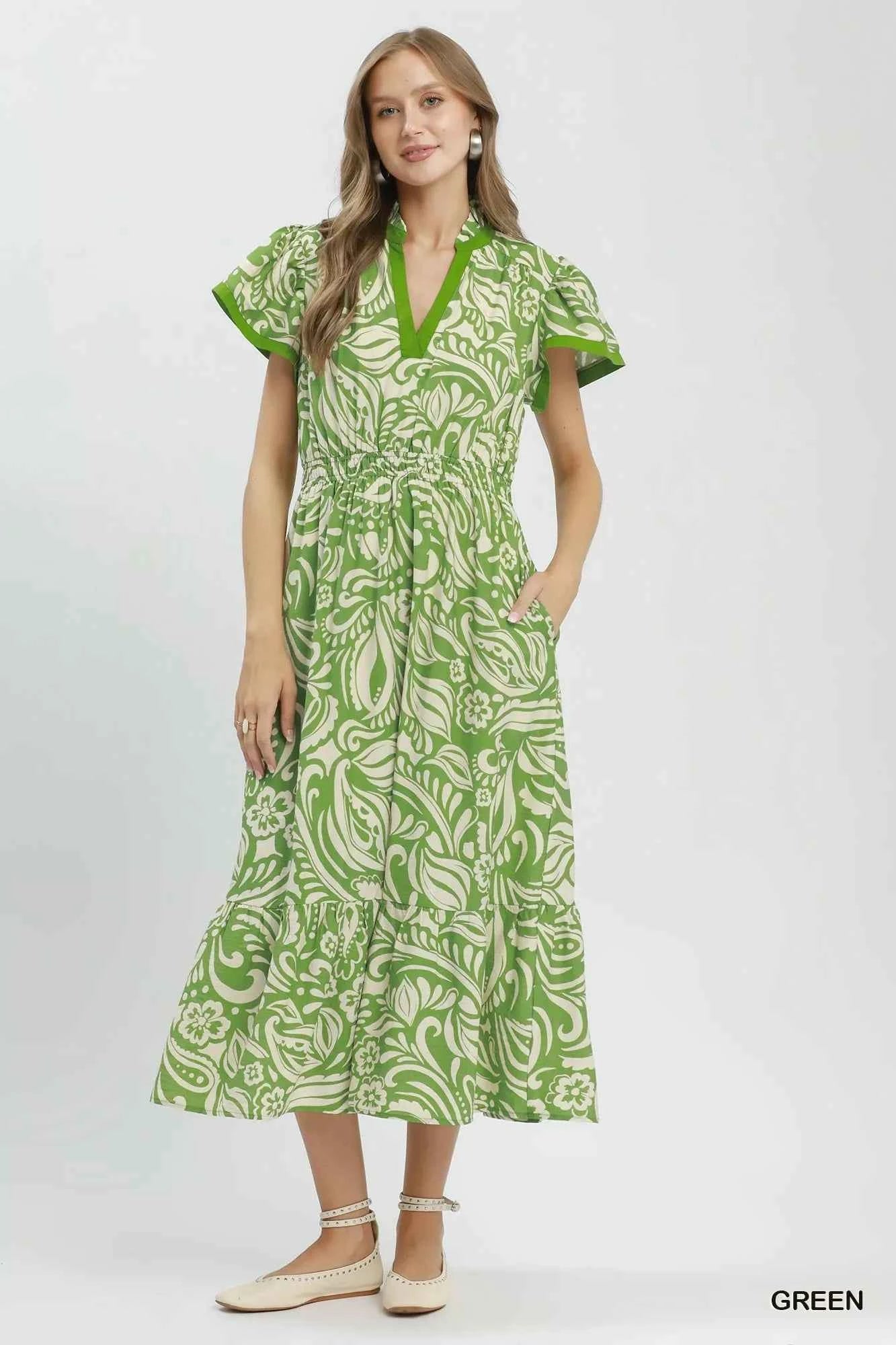 Umgee Paisley Print Midi Dress with Side Pockets
