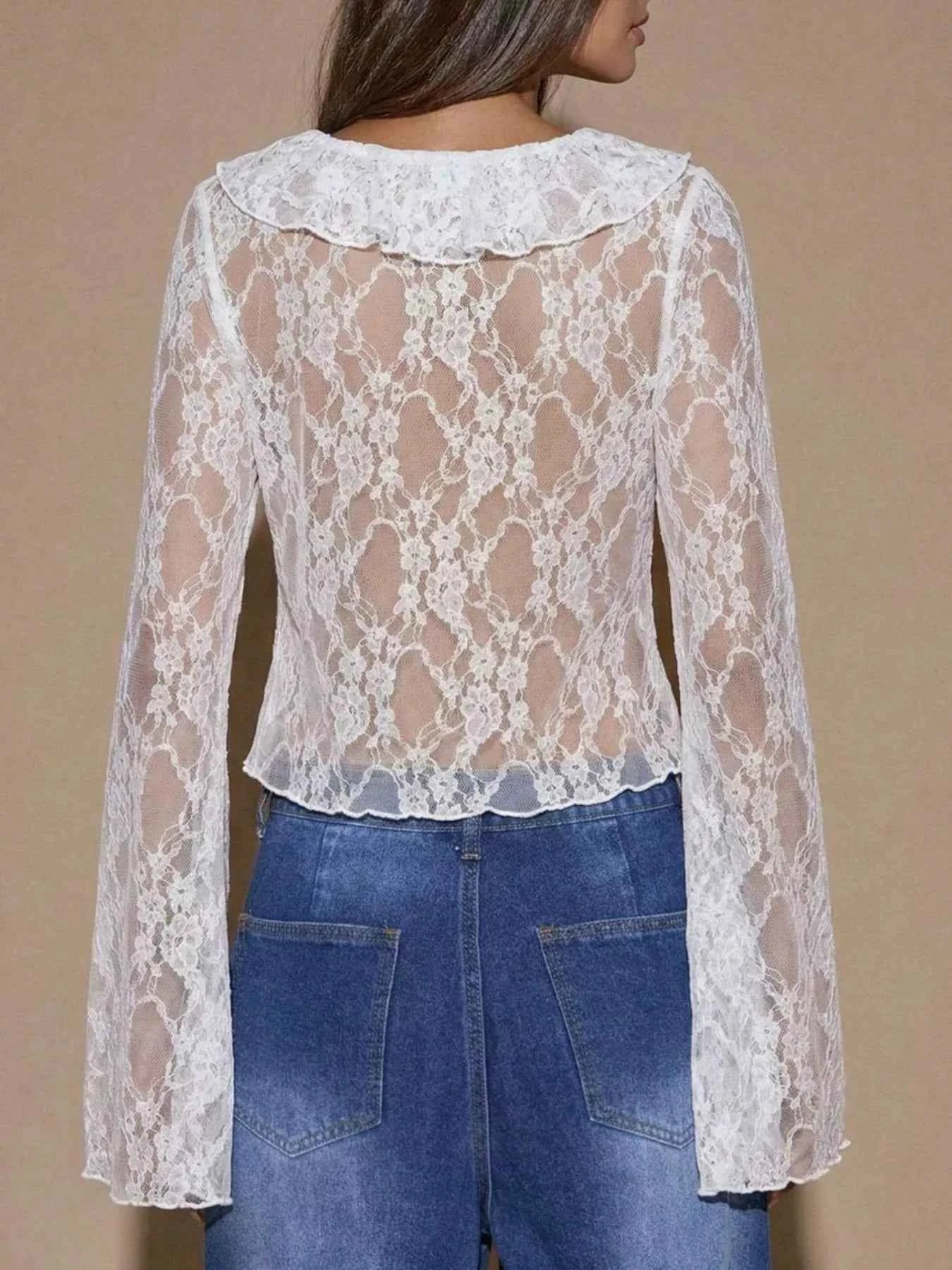 Sheer Lace Ruffle Tie-Front Blouse