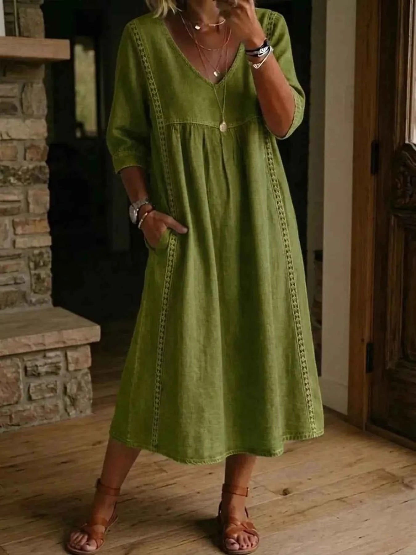 Full Size V-Neck 3/4 Sleeve Midi Dress Plus Size