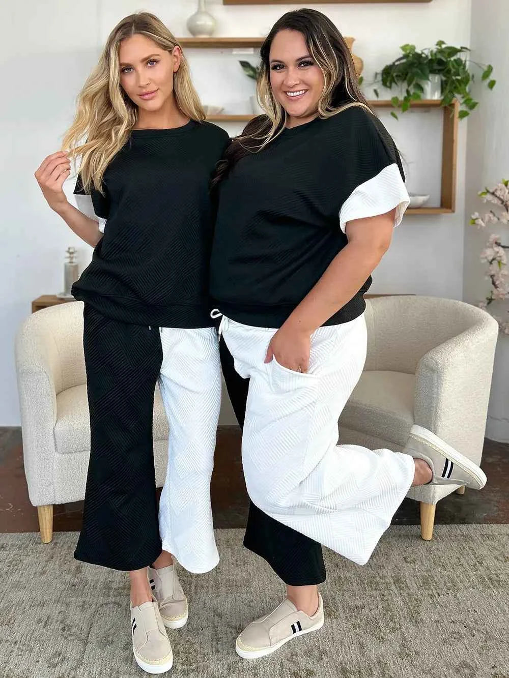 Texture Contrast T-Shirt and Wide Leg Pants Set - Double Take