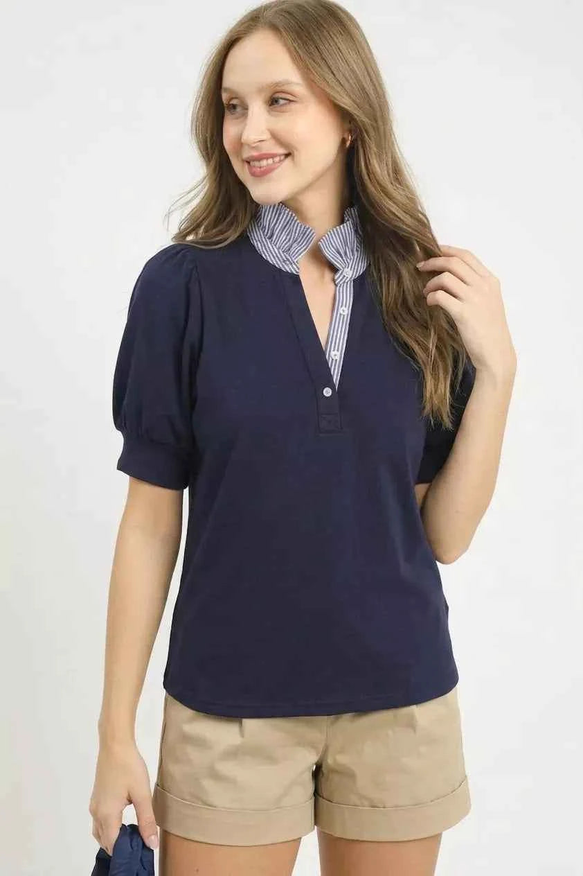 Umgee Striped Collar Popover Top