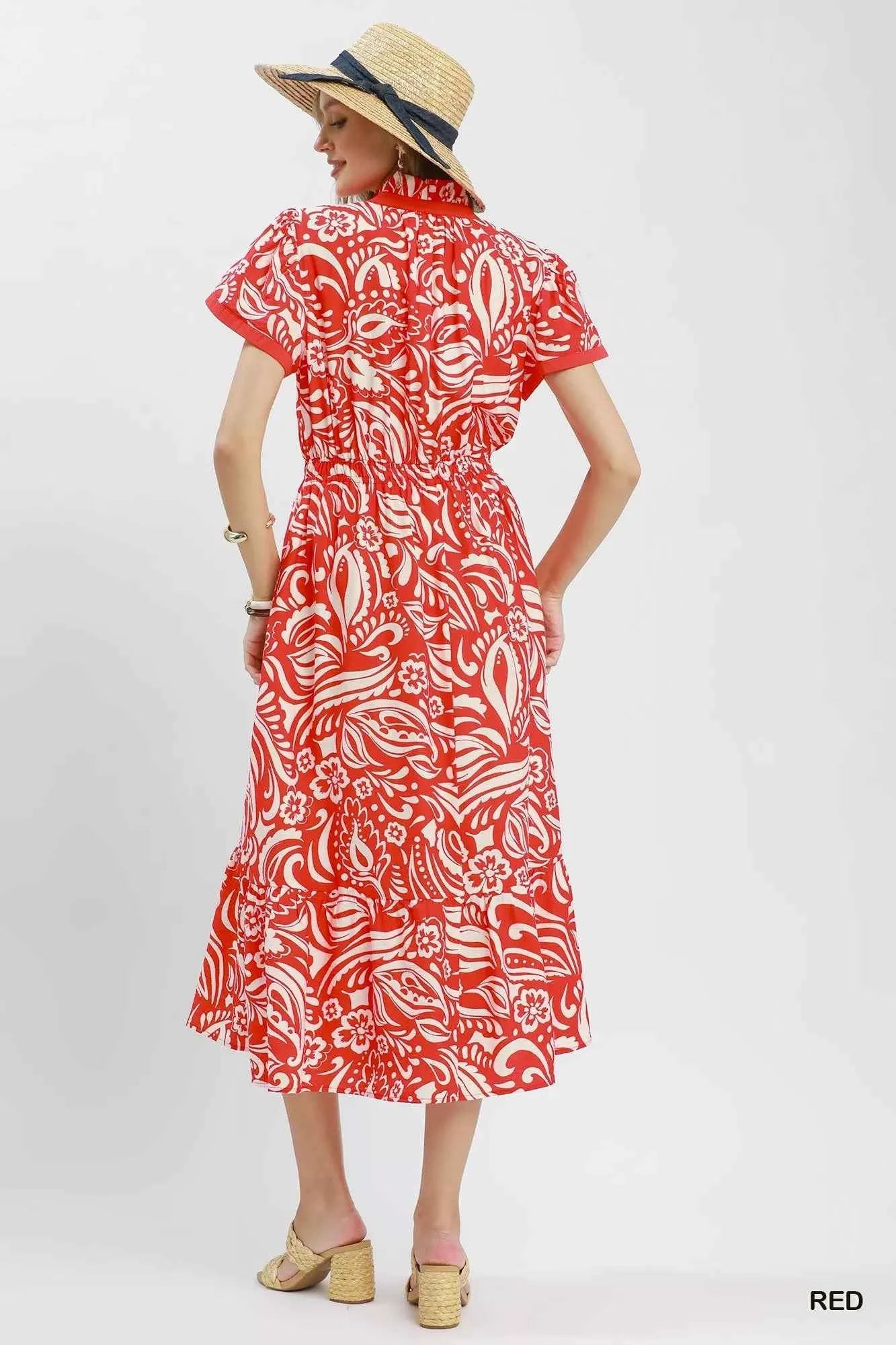 Umgee Paisley Print Midi Dress with Side Pockets
