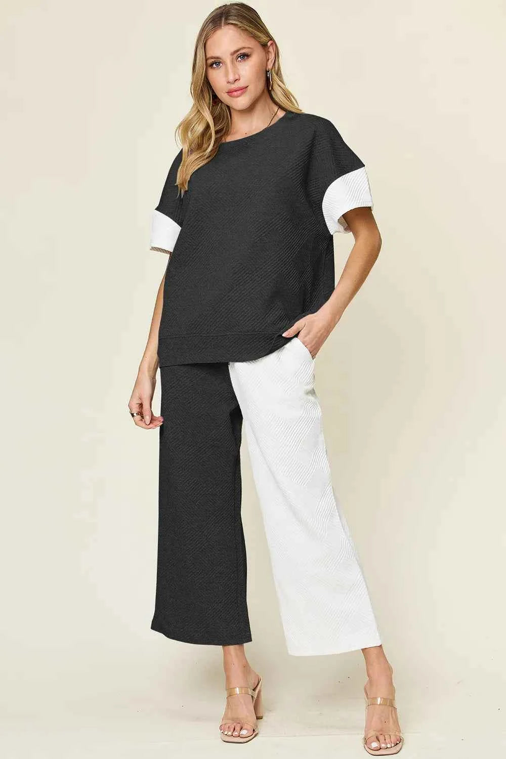 Texture Contrast T-Shirt and Wide Leg Pants Set - Double Take