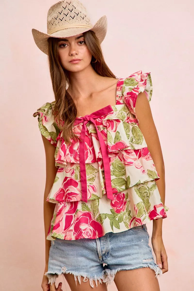 Floral Bow Tie Ruffle Square Neck Top