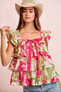 Floral Bow Tie Ruffle Square Neck Top - BiBi