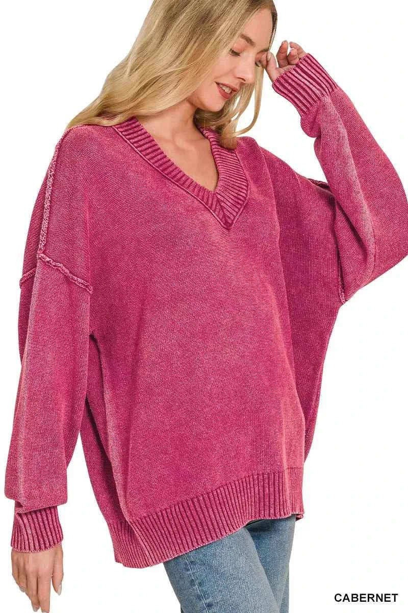 Zenana Washed Deep V-neck Oversized Sweater